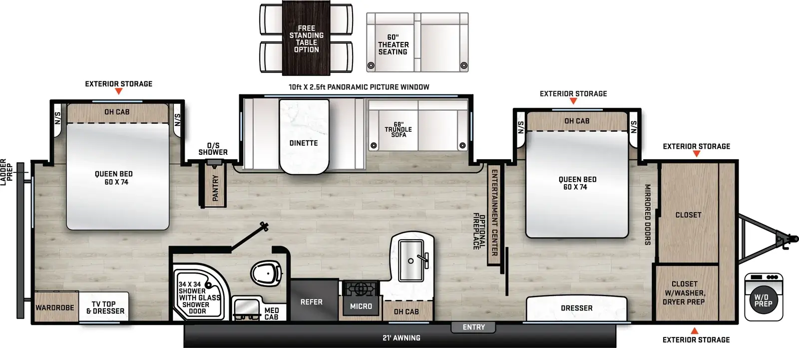 Floorplan diagram for 2026 Aurora 34BHTS (2 Queen Beds)