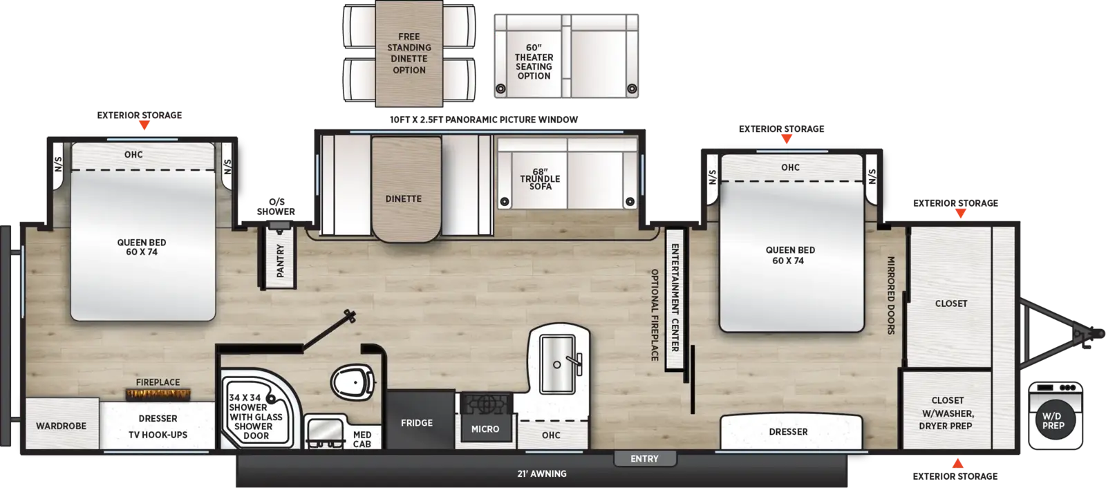 Floorplan diagram for 2027 Aurora 34BHTS (2 Queen Beds)
