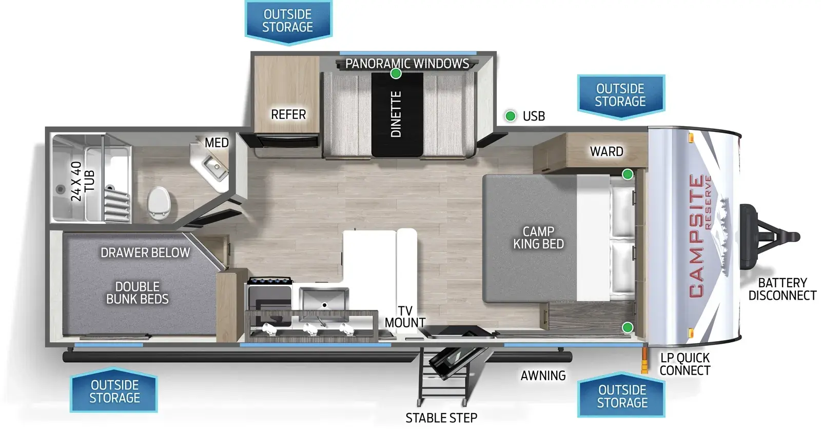 Floorplan diagram for 2026 Campsite Ultra 21DF