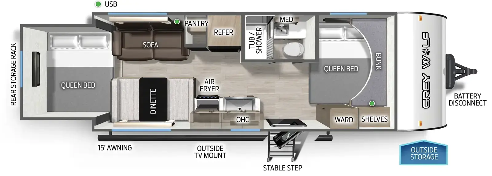 Floorplan diagram for 2026 Grey Wolf Cherokee Grey Wolf 19SM