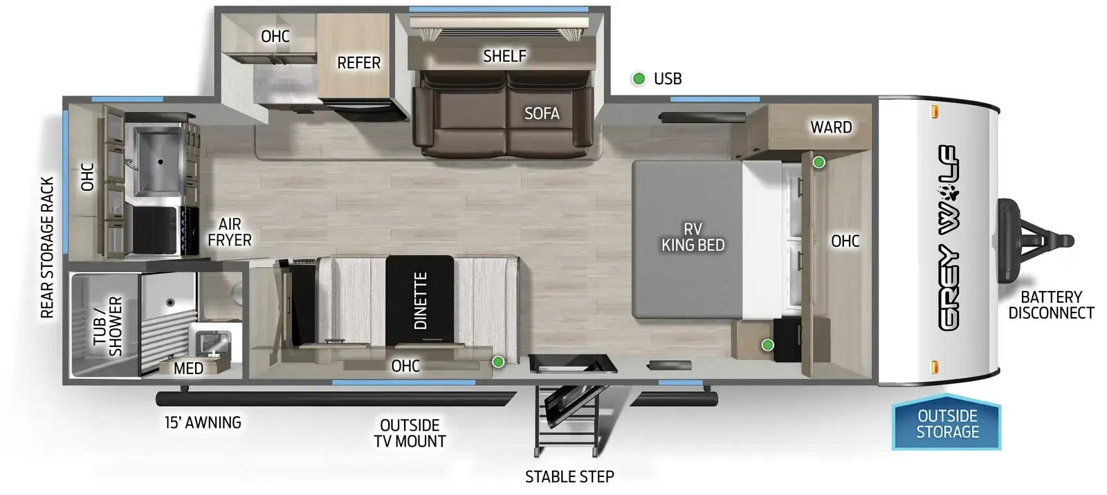 Floorplan diagram for 2026 Grey Wolf Cherokee Grey Wolf 22CE