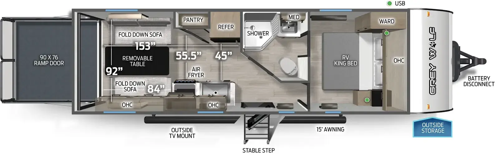 Floorplan diagram for 2026 Grey Wolf Cherokee Grey Wolf 22RR