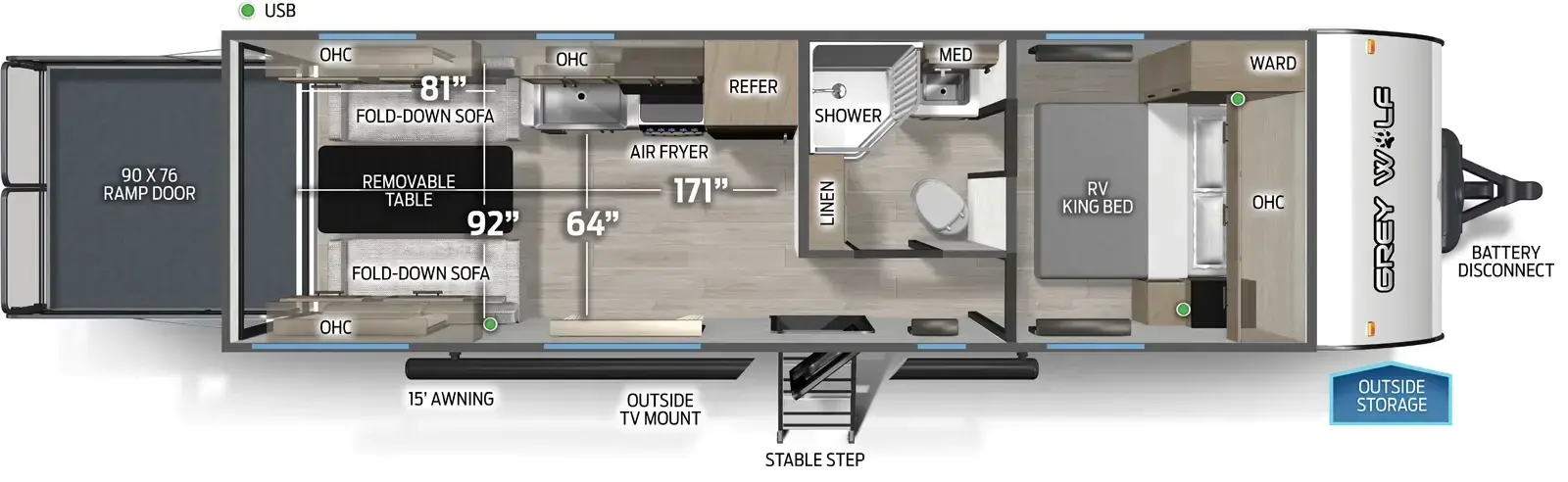 Floorplan diagram for 2026 Grey Wolf Cherokee Grey Wolf 25RRT