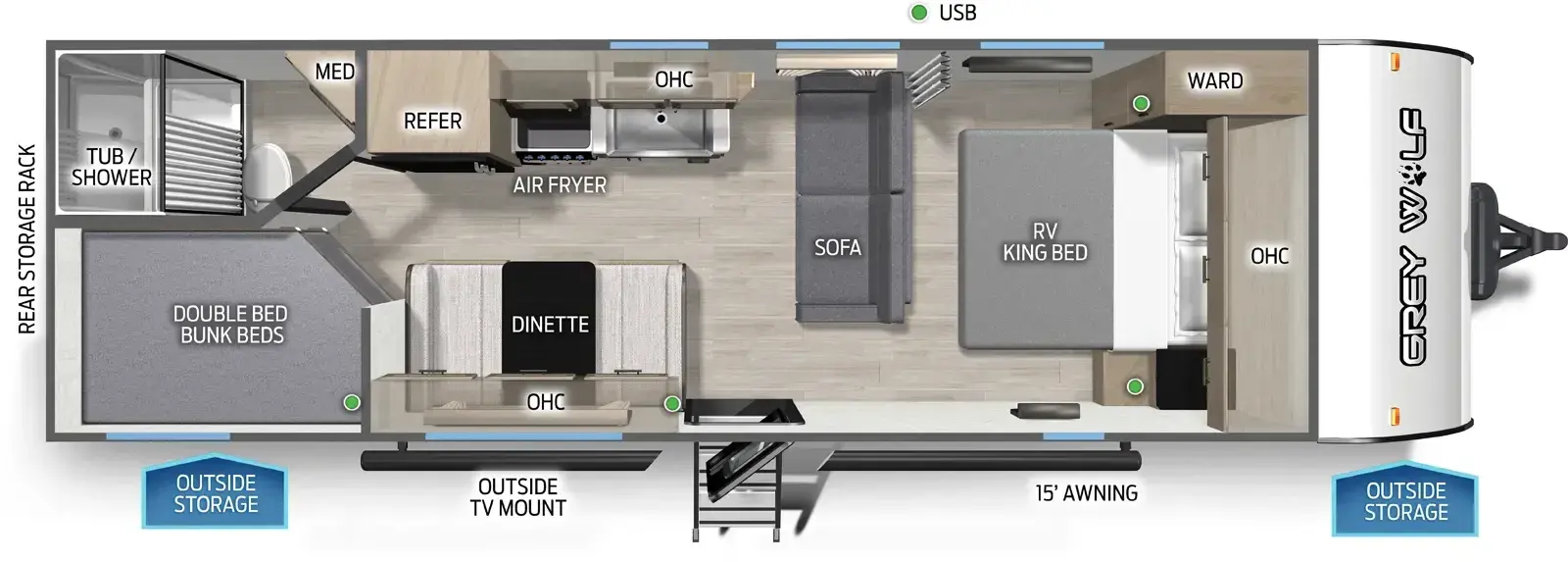Floorplan diagram for 2026 Grey Wolf Cherokee Grey Wolf 26DJSE