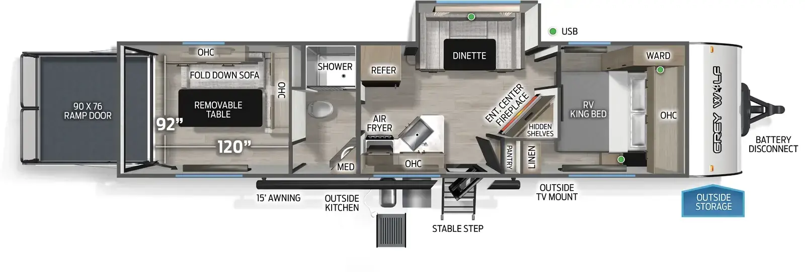 Floorplan diagram for 2026 Grey Wolf Cherokee Grey Wolf 28RRT