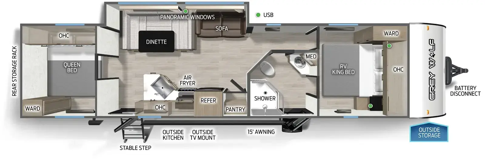 Floorplan diagram for 2026 Grey Wolf Cherokee Grey Wolf 29QB