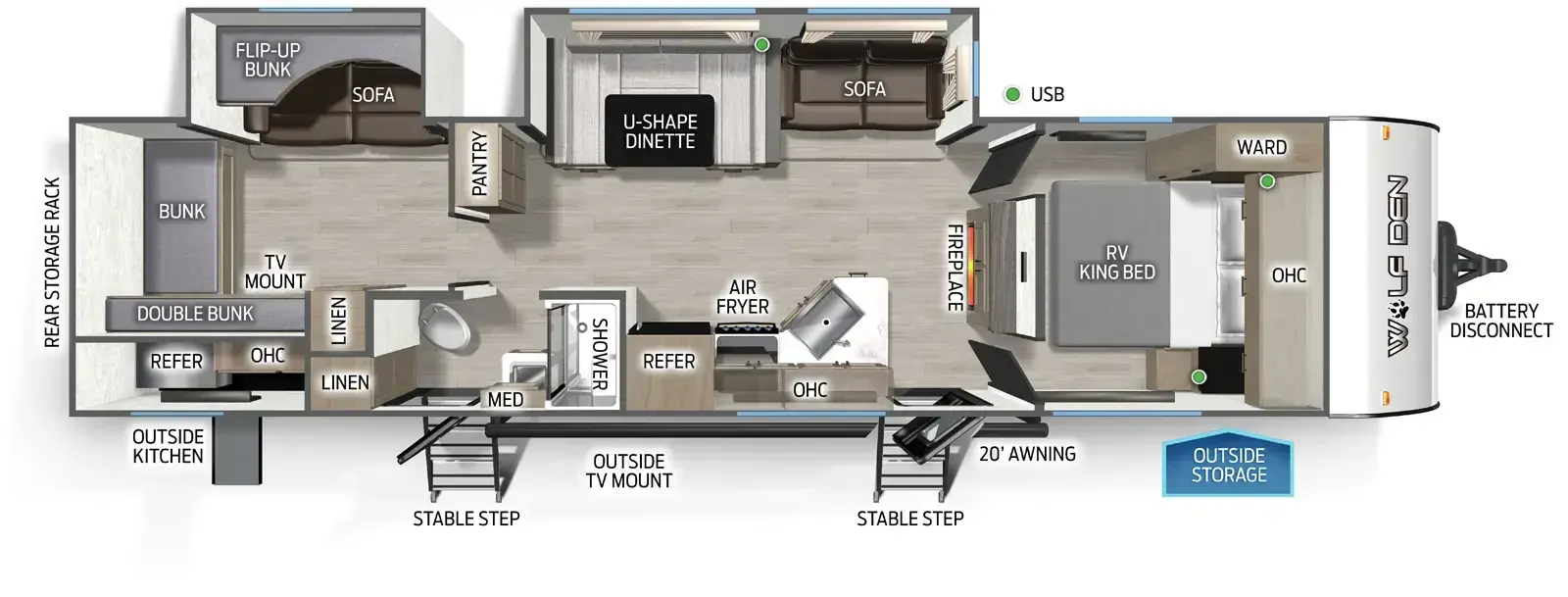 Floorplan diagram for 2026 Wolf Den Cherokee Wolf Den 301BH