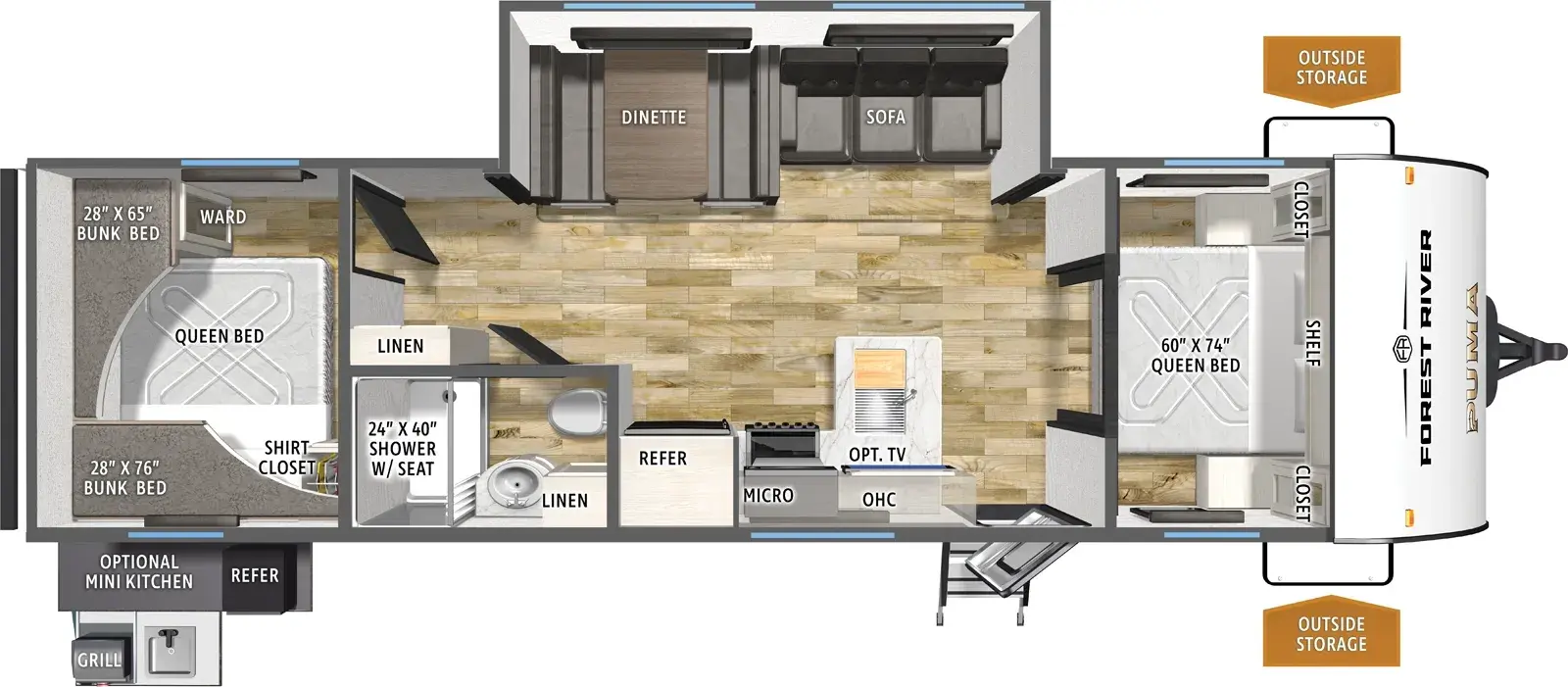 Floorplan diagram for 2026 Puma Camping Edition 303BHCE