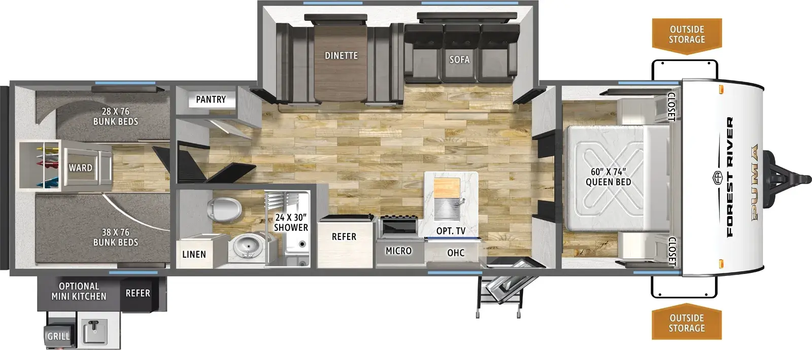 Floorplan diagram for 2026 Puma Camping Edition 304BHCE