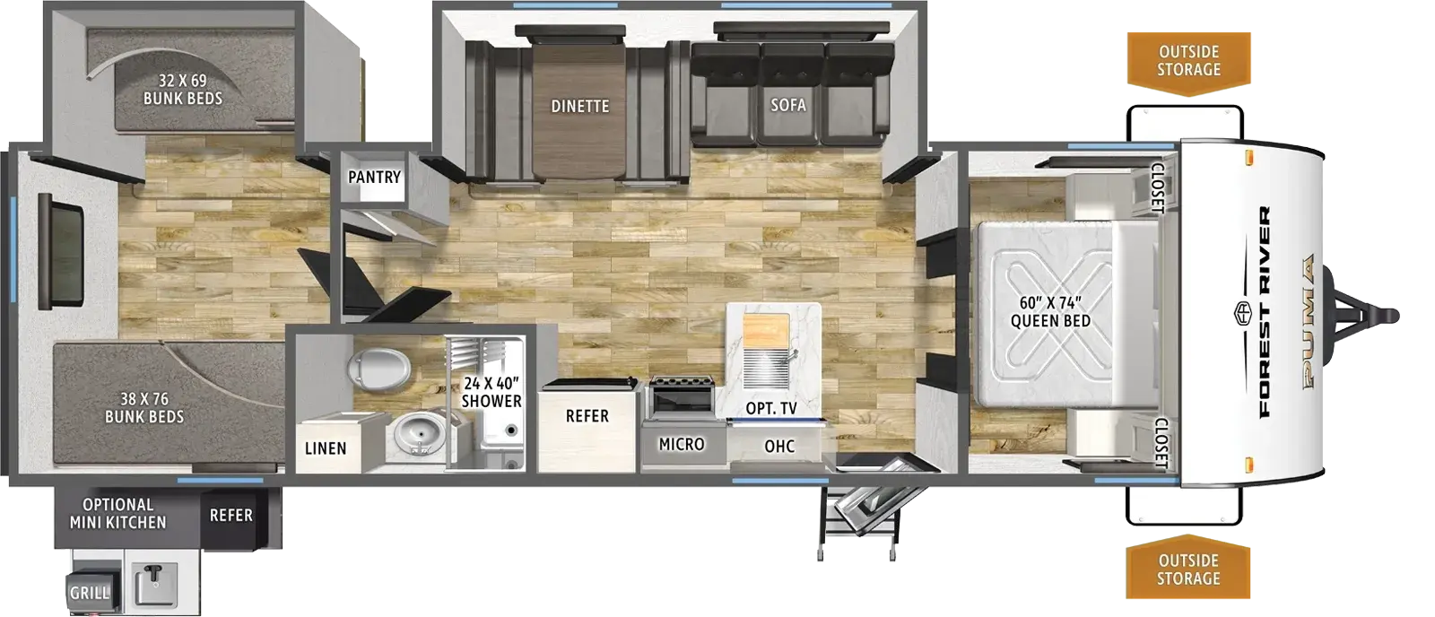 Floorplan diagram for 2026 Puma Camping Edition 305BHCE
