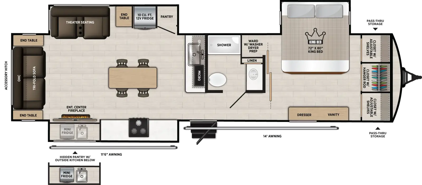 Floorplan diagram for 2027 Wildwood Heritage Glen Travel Trailers 305RLOK