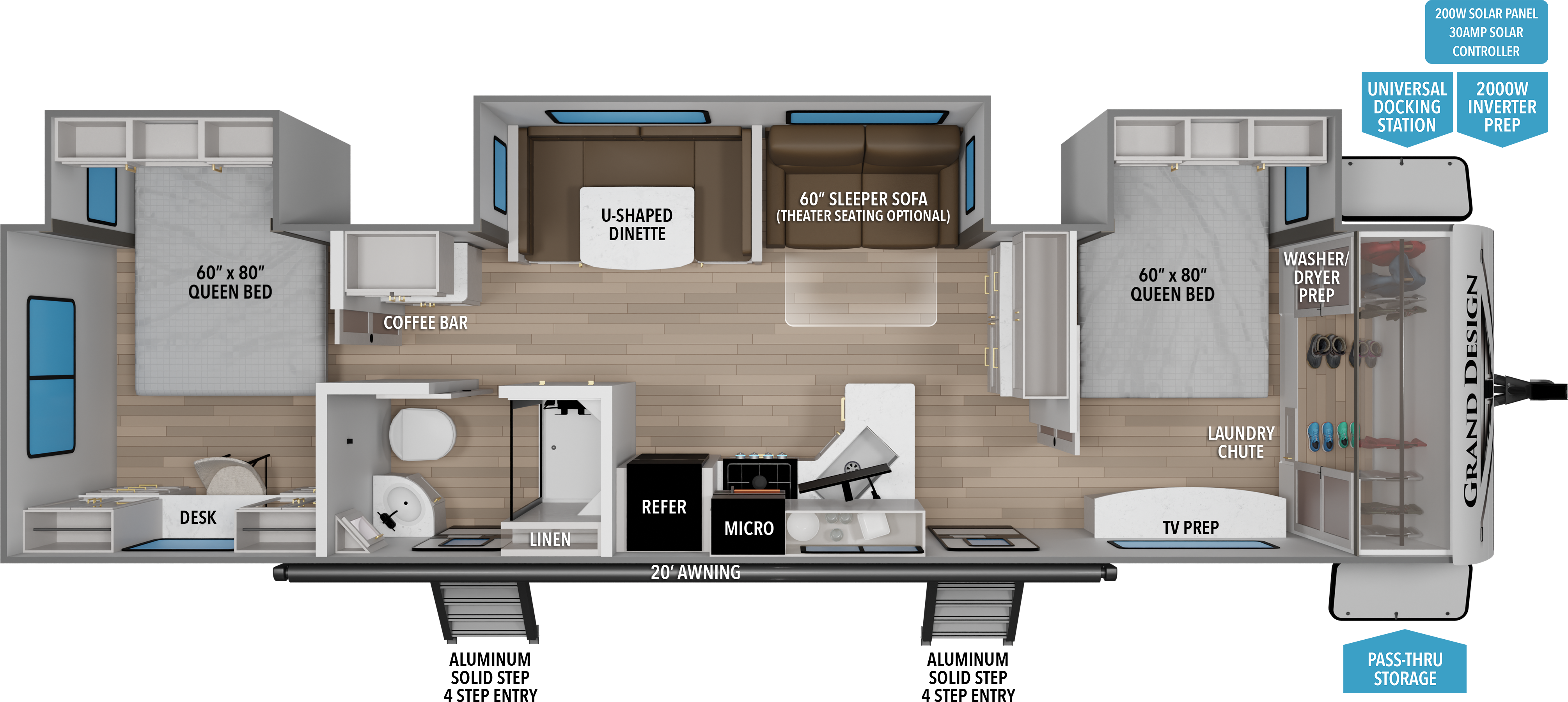 Floorplan diagram for 2027 Grand Design Transcend 345dqt