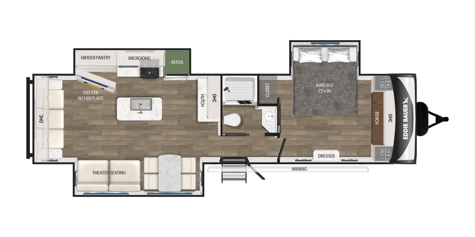 Floorplan diagram for 2025 Heartland Eddie Bauer Travel Trailer 3311RL