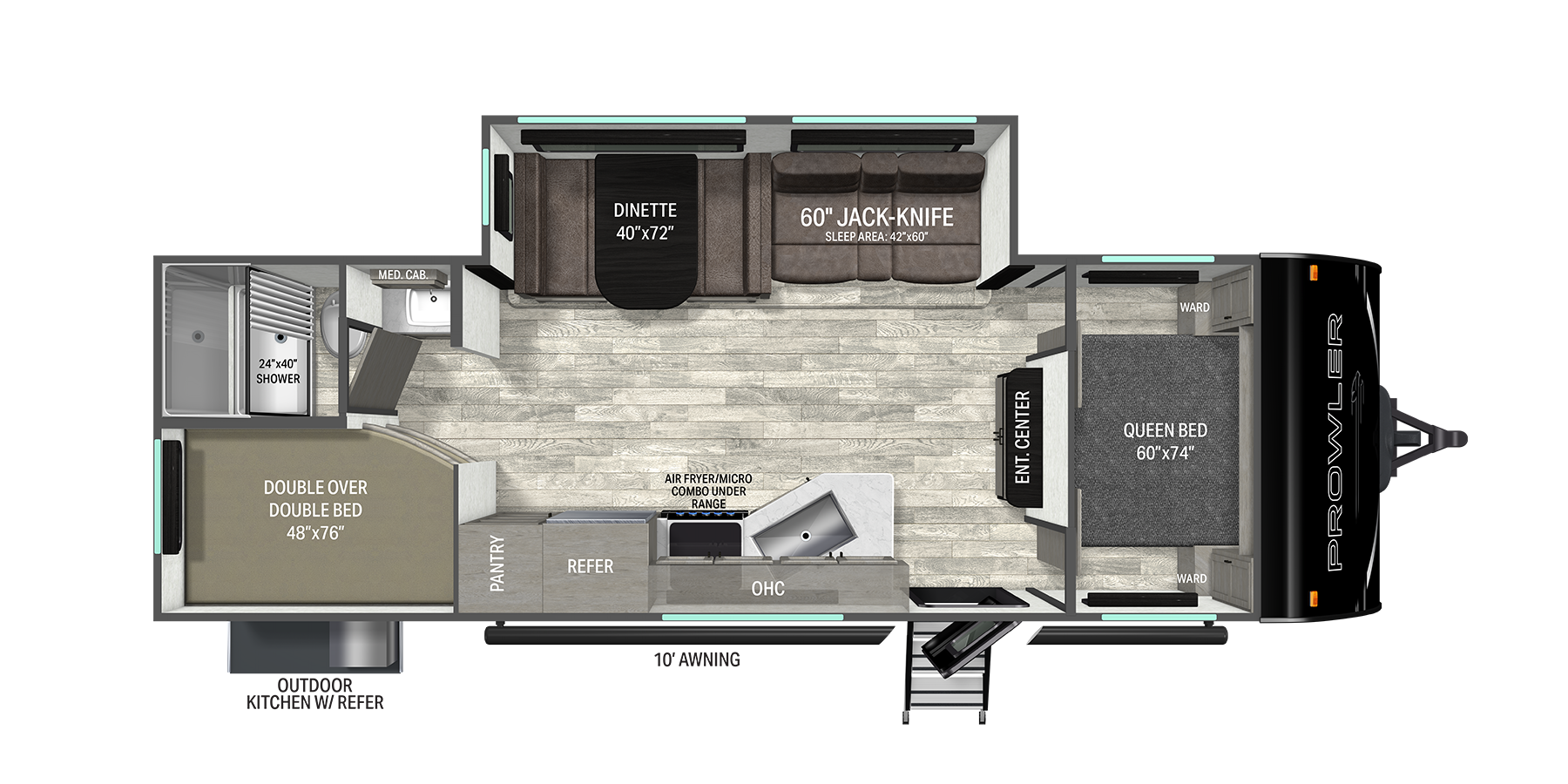 Floorplan diagram for 2027 Heartland Prowler 2602BHS