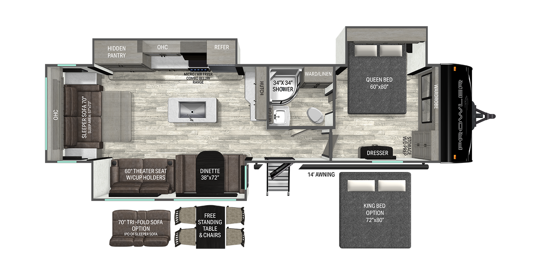 Floorplan diagram for 2027 Heartland Prowler 3301RLT