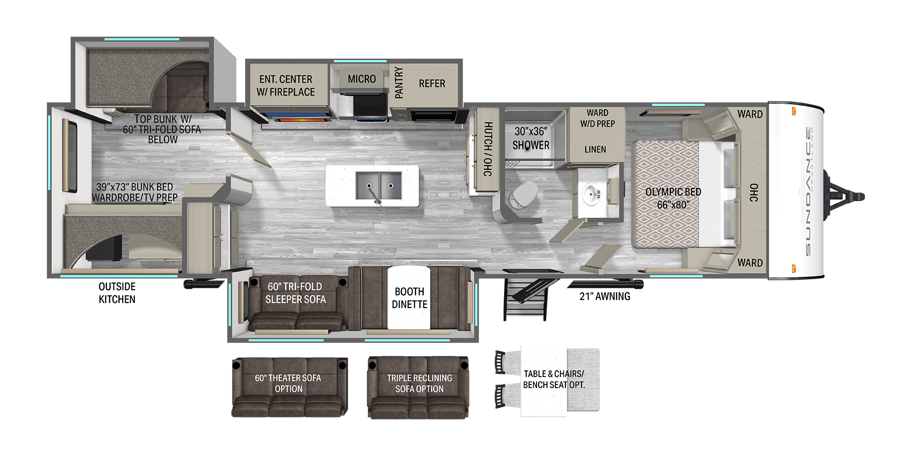 Floorplan diagram for 2027 Heartland Sundance 31BROK