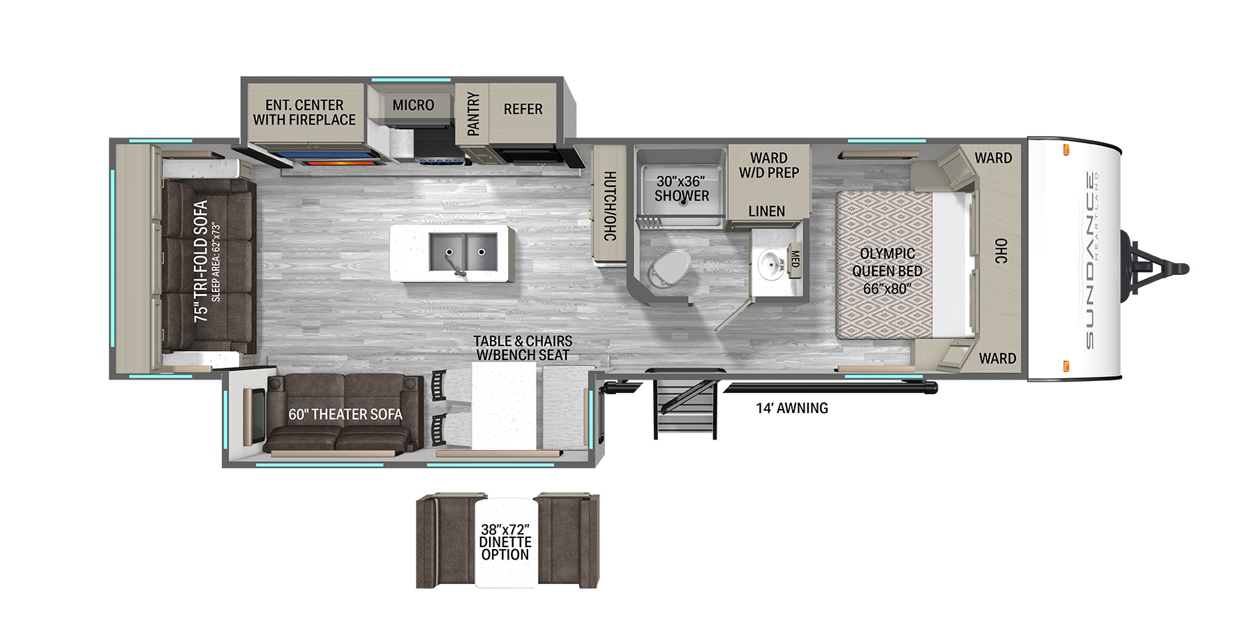 Floorplan diagram for 2026 Heartland Sundance Ultra-Lite 29RLBS