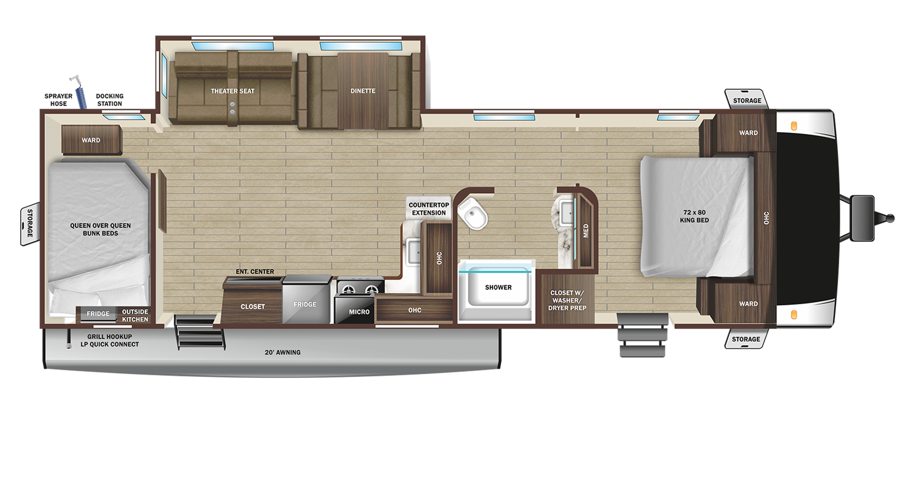 Floorplan diagram for 2023 Open Range Light Travel Trailers 296bhs