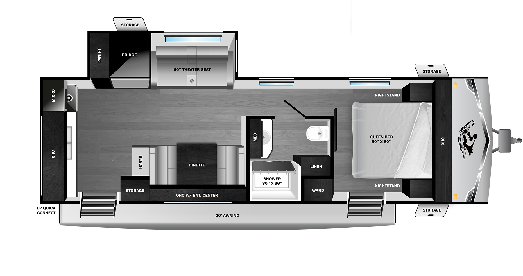 Floorplan diagram for 2026 Open Range Range Lite Travel Trailer 230mkd