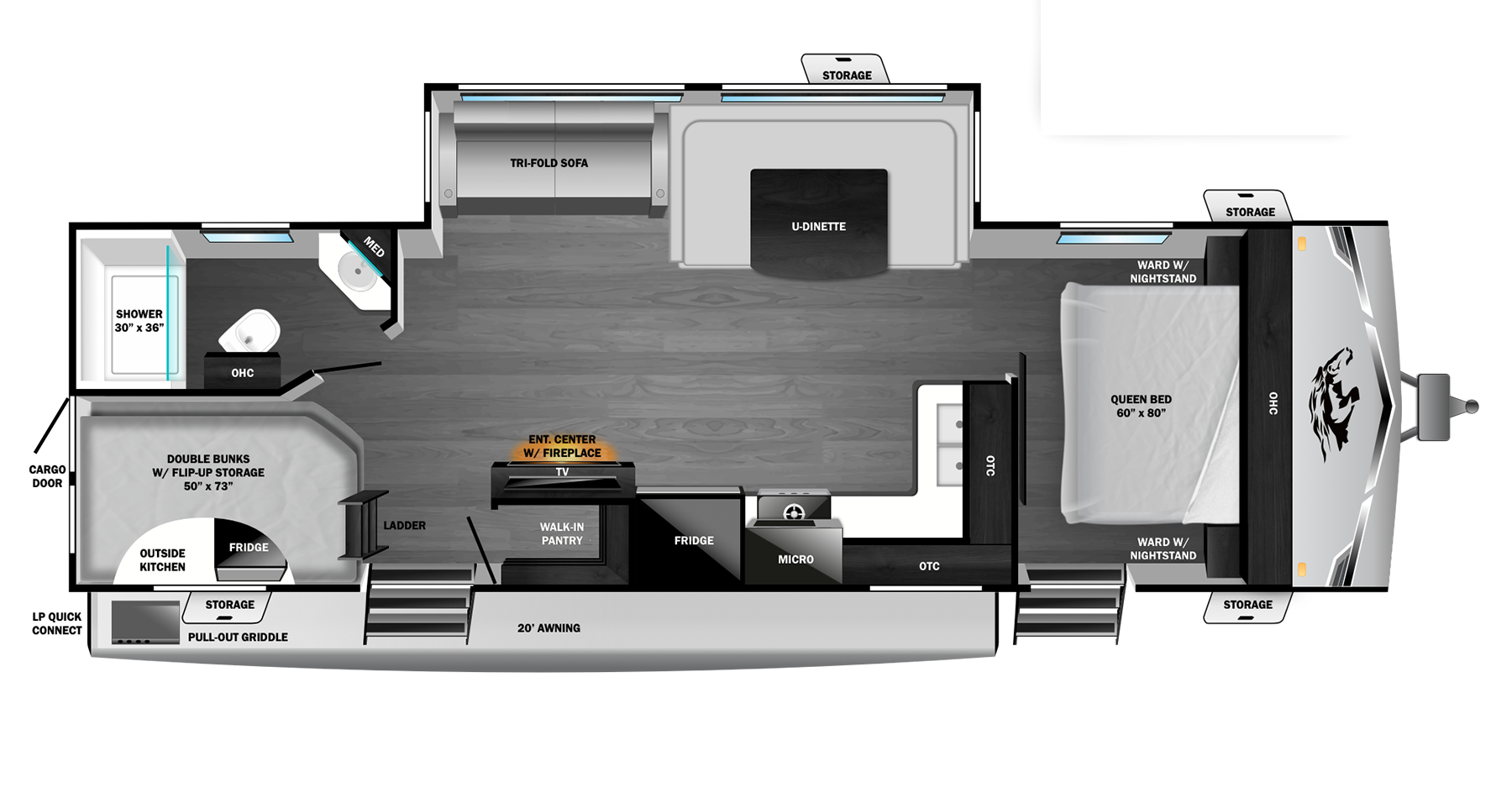 Floorplan diagram for 2026 Open Range Range Lite Travel Trailer 270dbl