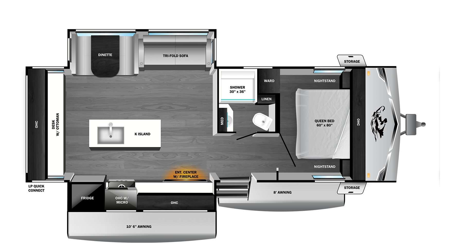Floorplan diagram for 2026 Open Range Range Lite Travel Trailer 280mki