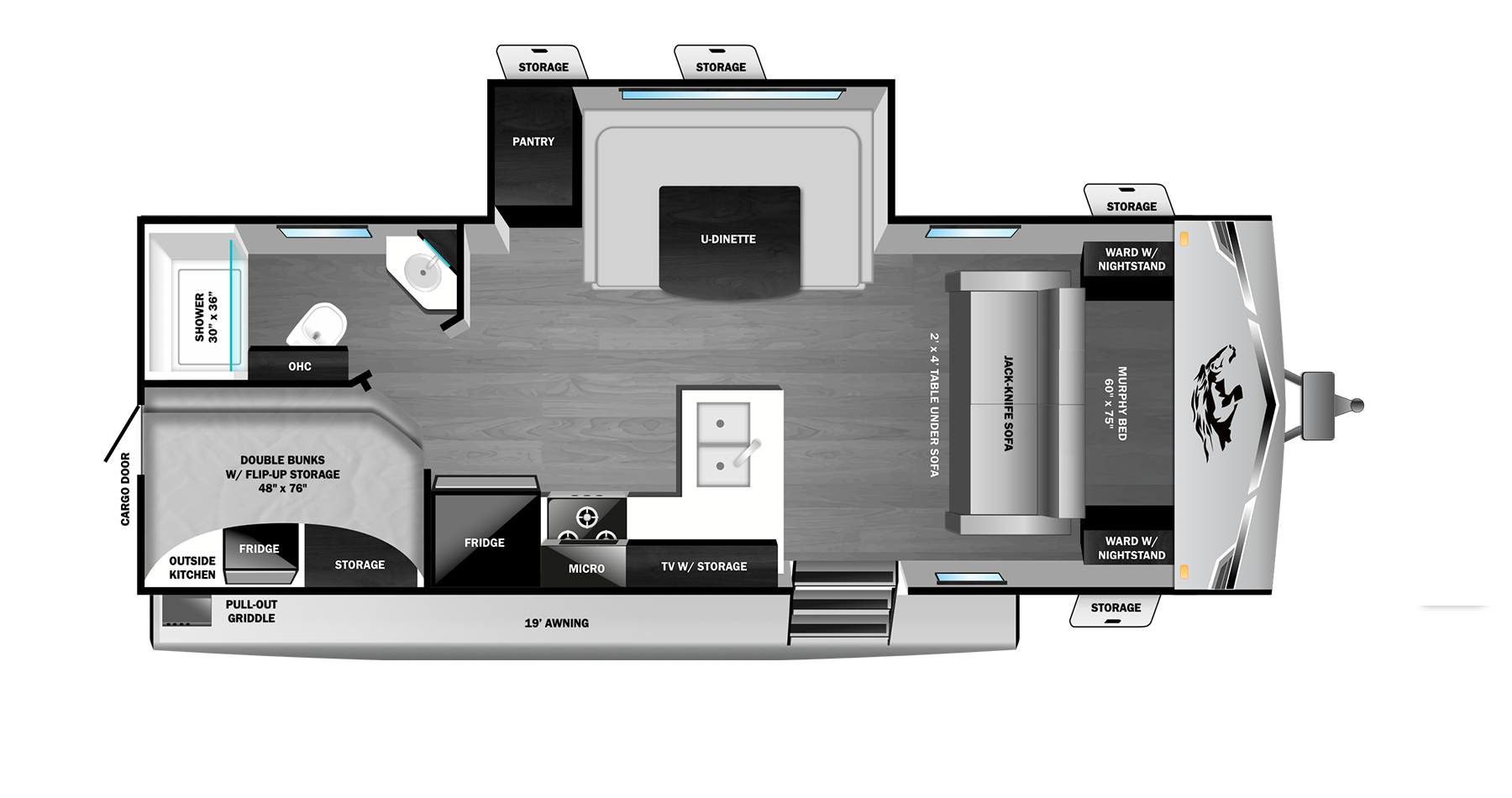 Floorplan diagram for 2027 Open Range Range Lite Travel Trailer 220dbm