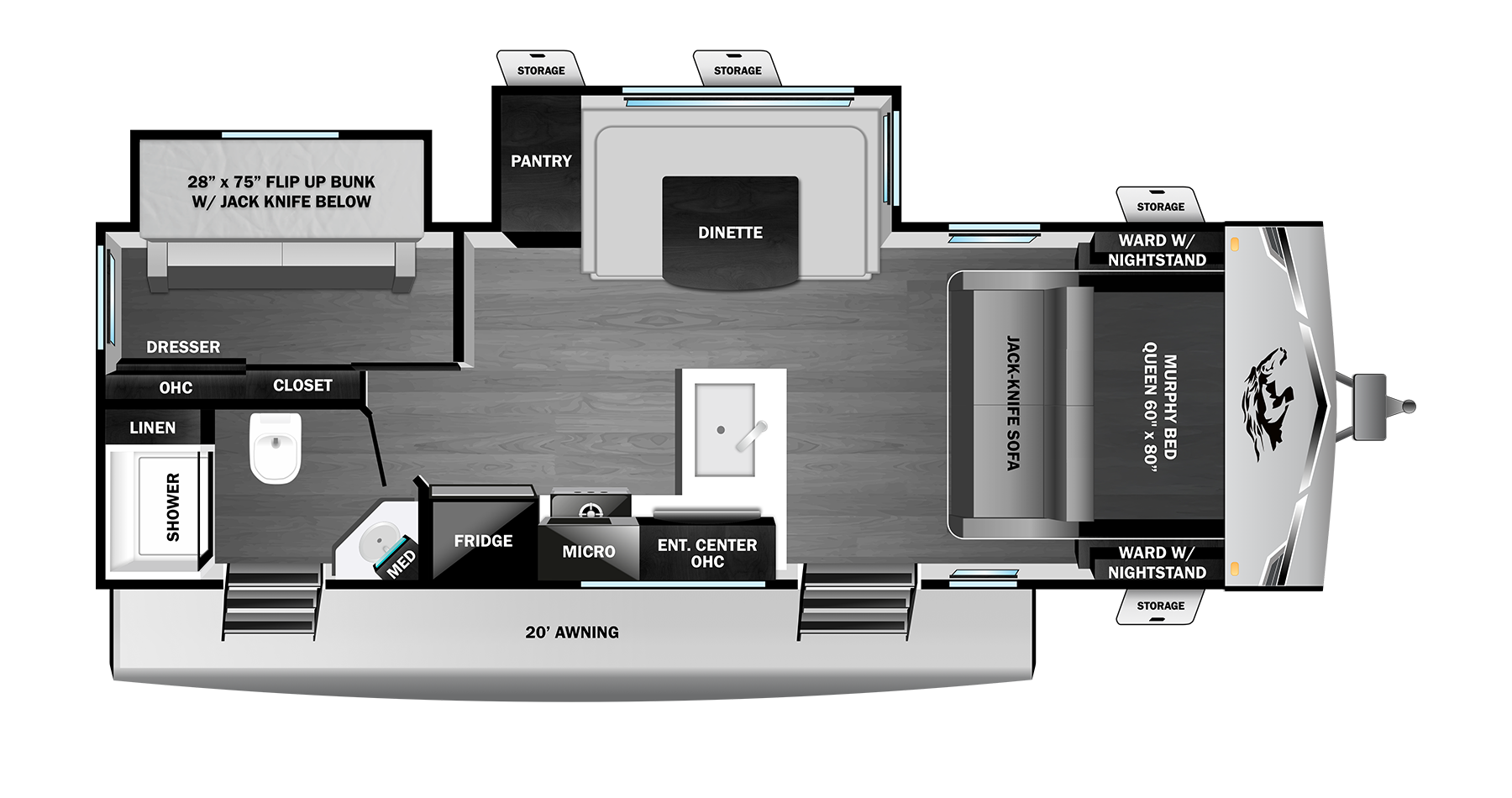 Floorplan diagram for 2027 Open Range Range Lite Travel Trailer 225bsm