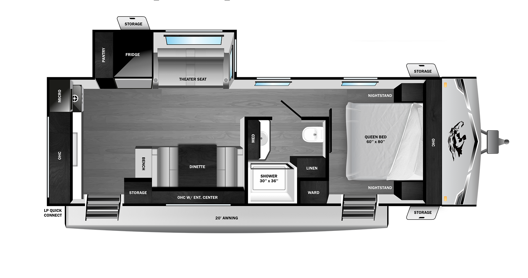 Floorplan diagram for 2027 Open Range Range Lite Travel Trailer 230mkd