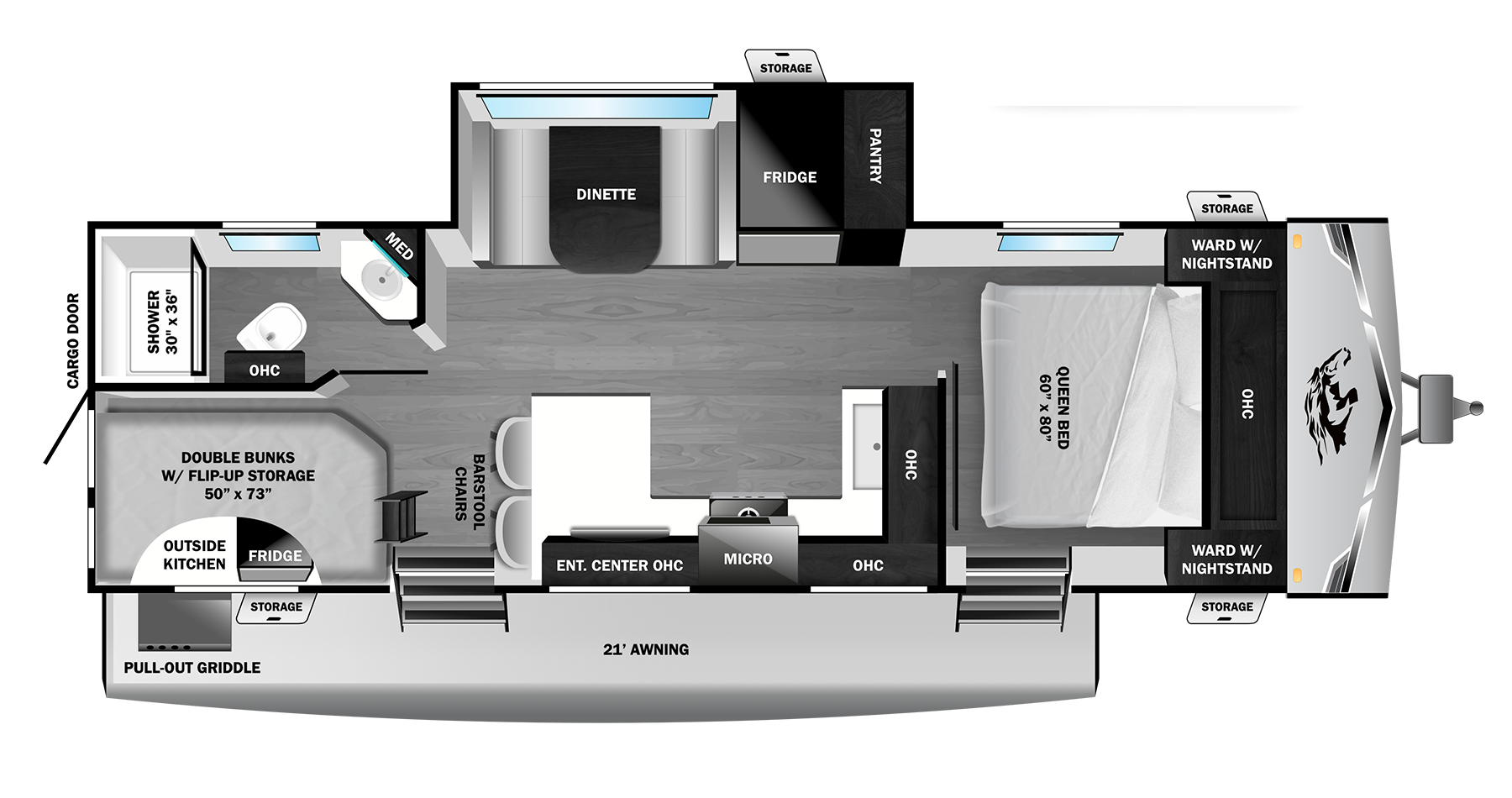 Floorplan diagram for 2027 Open Range Range Lite Travel Trailer 240dbh