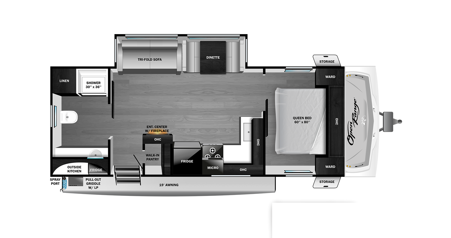 Floorplan diagram for 2027 Open Range Range Lite Travel Trailer 250rbl