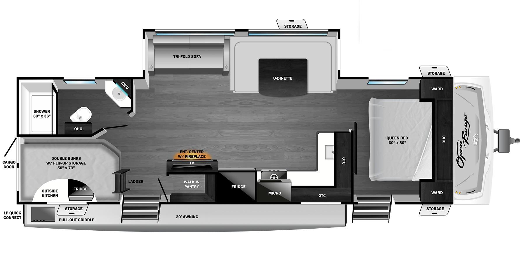 Floorplan diagram for 2027 Open Range Range Lite Travel Trailer 270dbl
