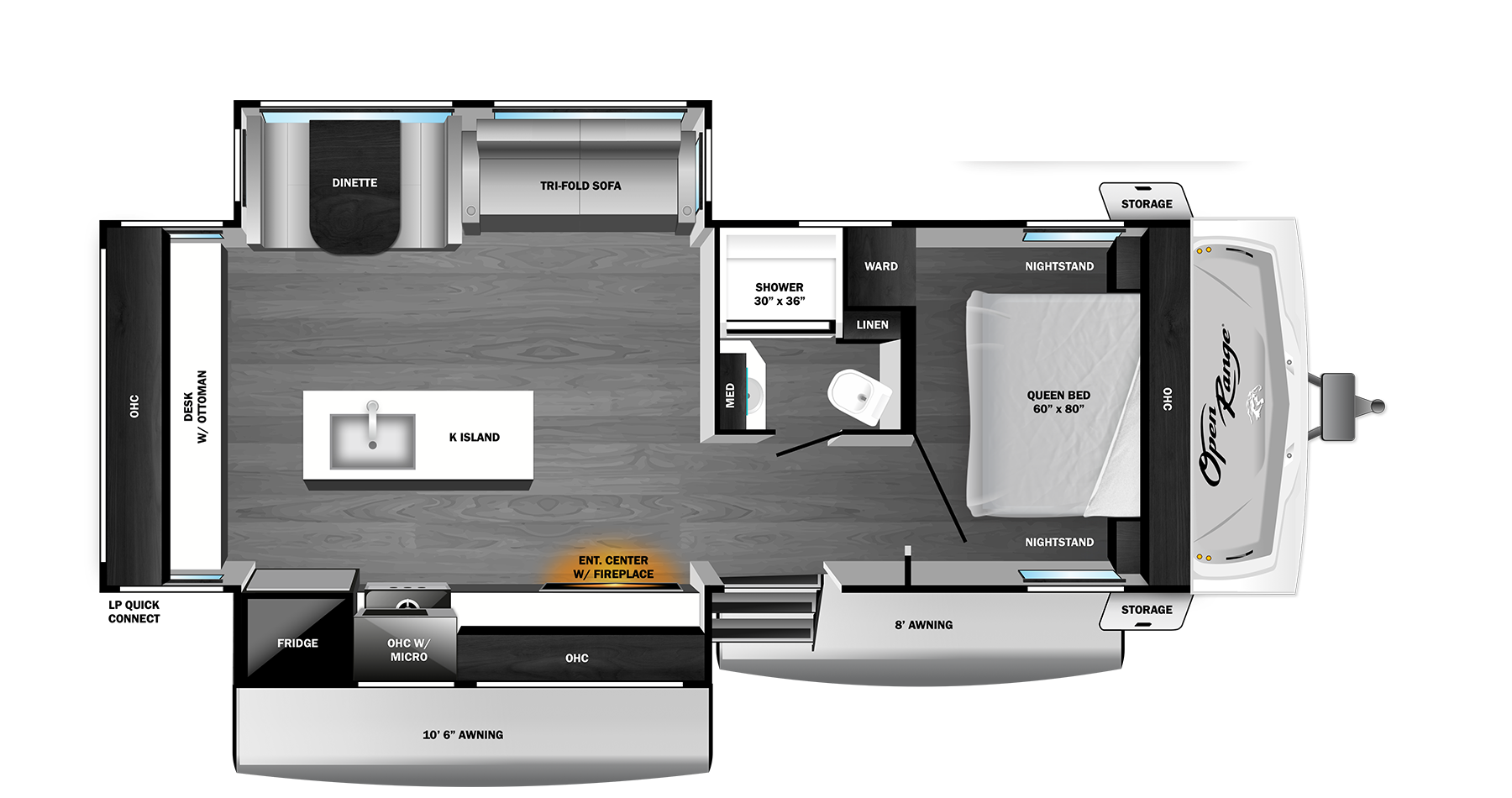 Floorplan diagram for 2027 Open Range Range Lite Travel Trailer 280mki