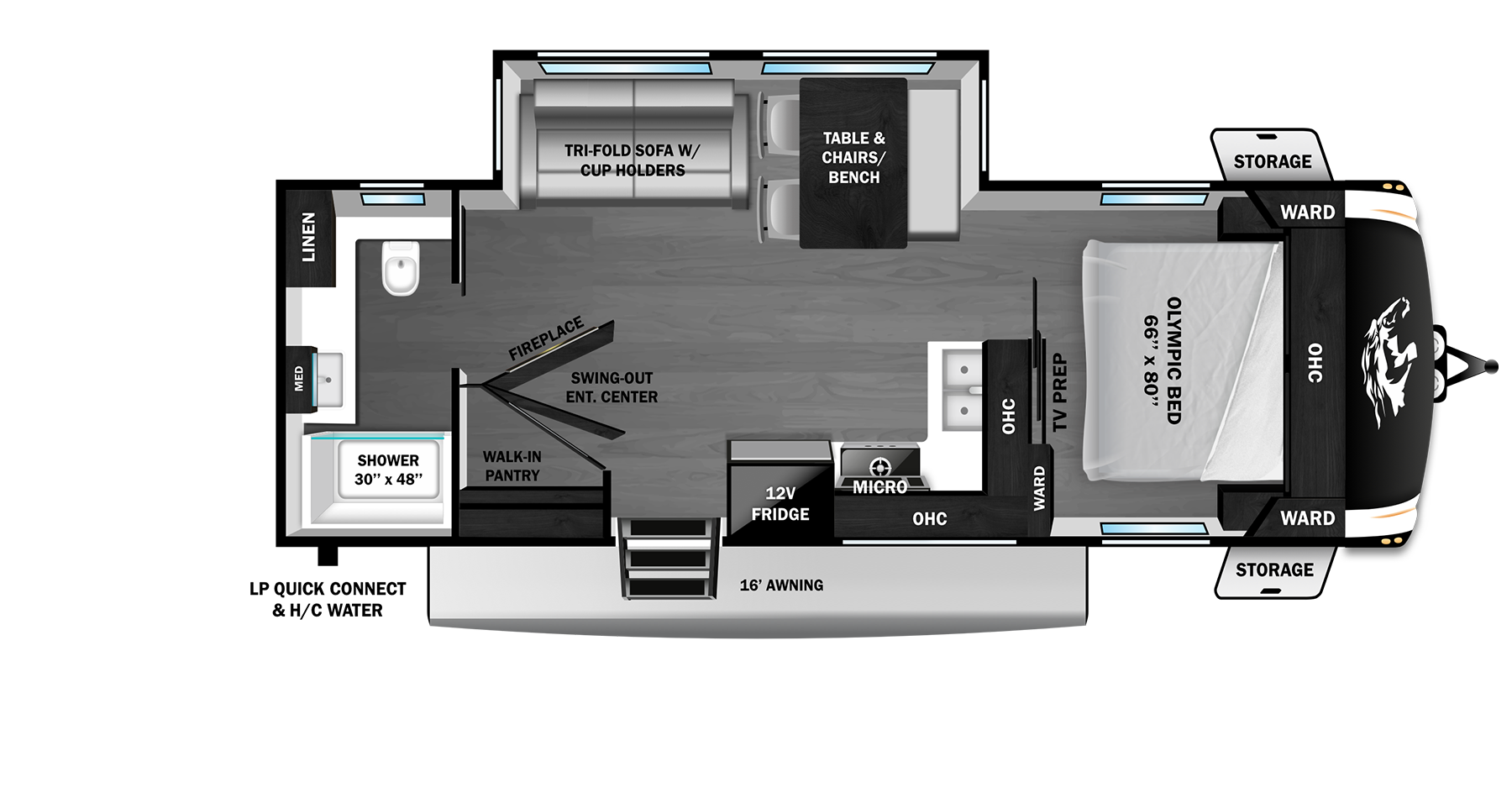 Floorplan diagram for 2026 Open Range Roamer Light Duty Travel Trailer 27rbos
