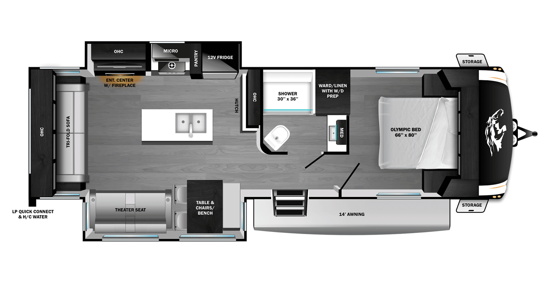 Floorplan diagram for 2027 Open Range Roamer Travel Trailer 29rlts