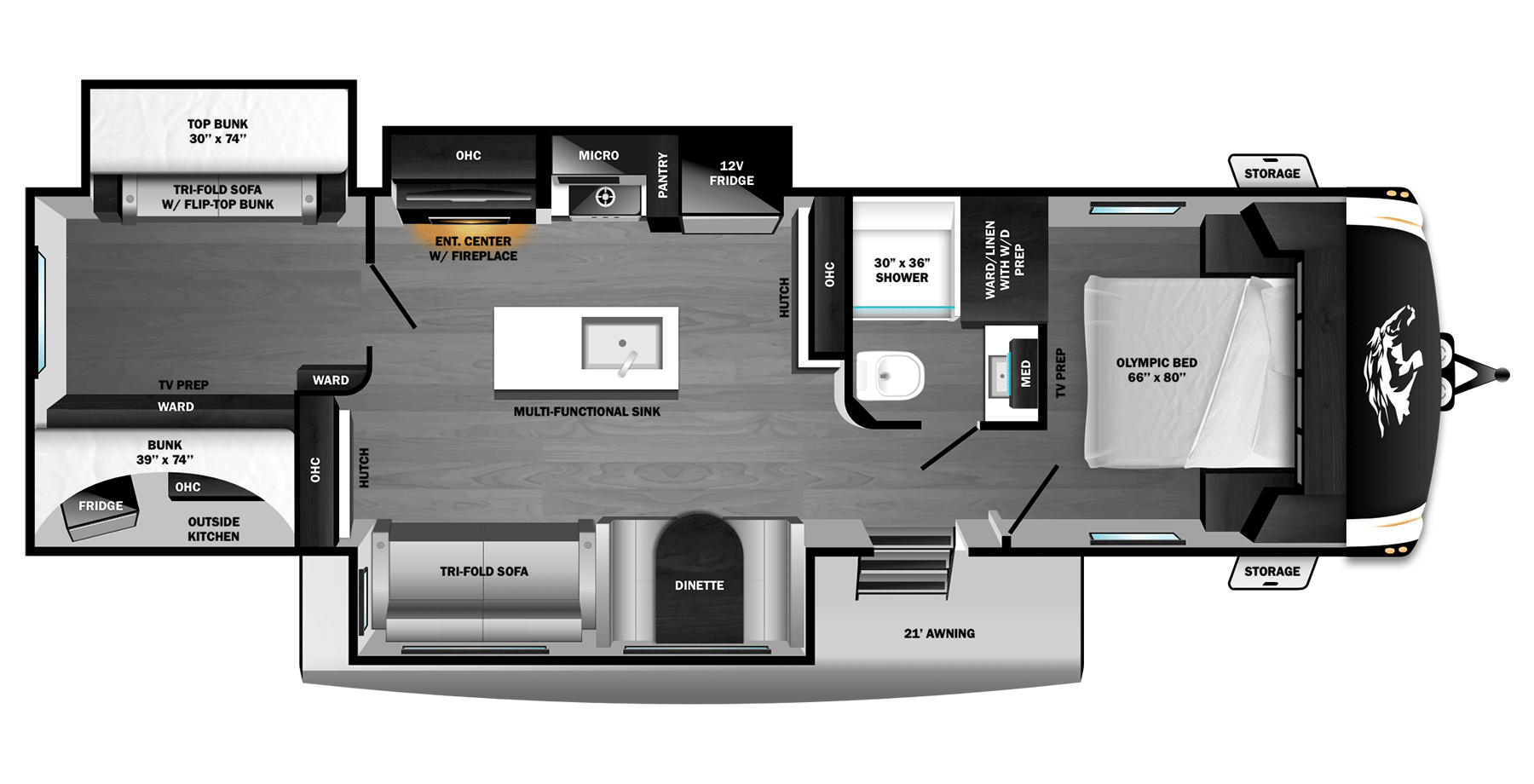 Floorplan diagram for 2027 Open Range Roamer Travel Trailer 31tbts