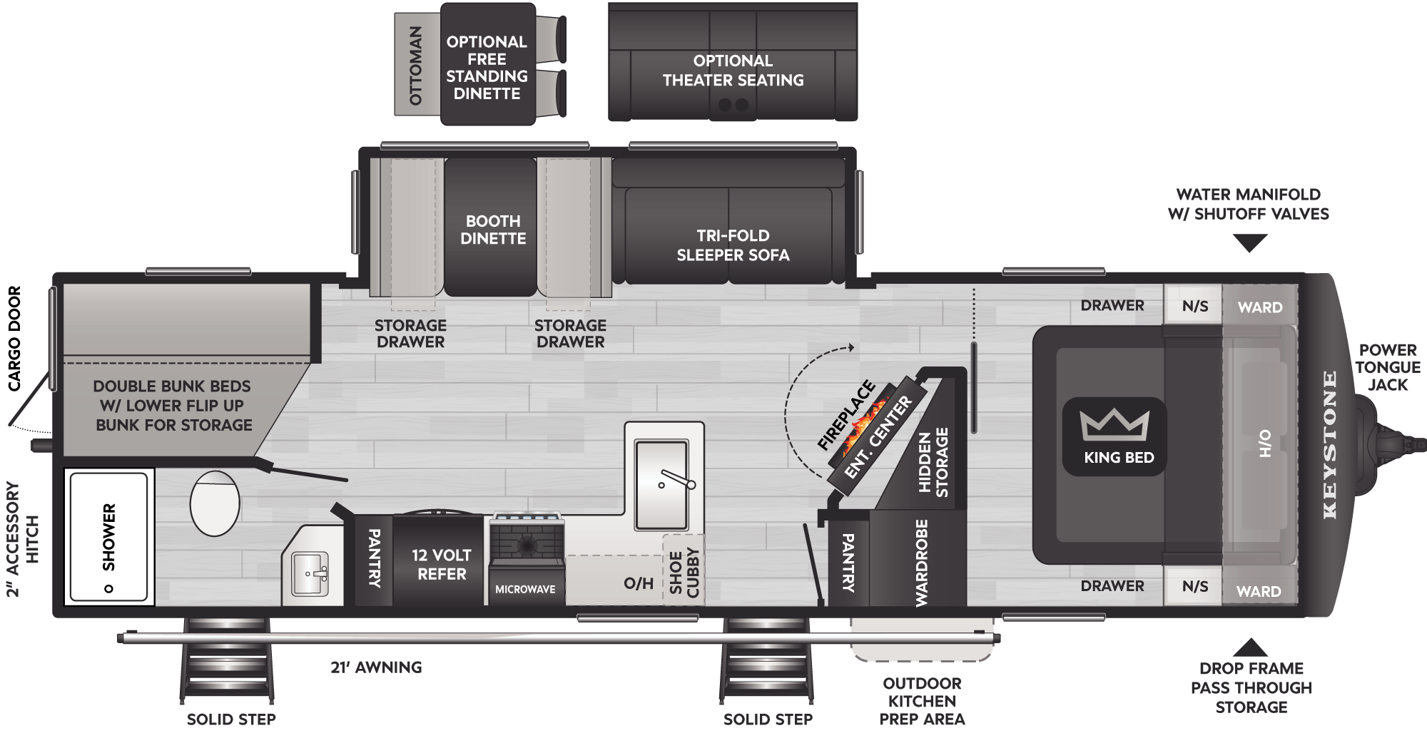 Floorplan diagram for 2027 Keystone Cougar Half-Ton Travel Trailers 28BHS