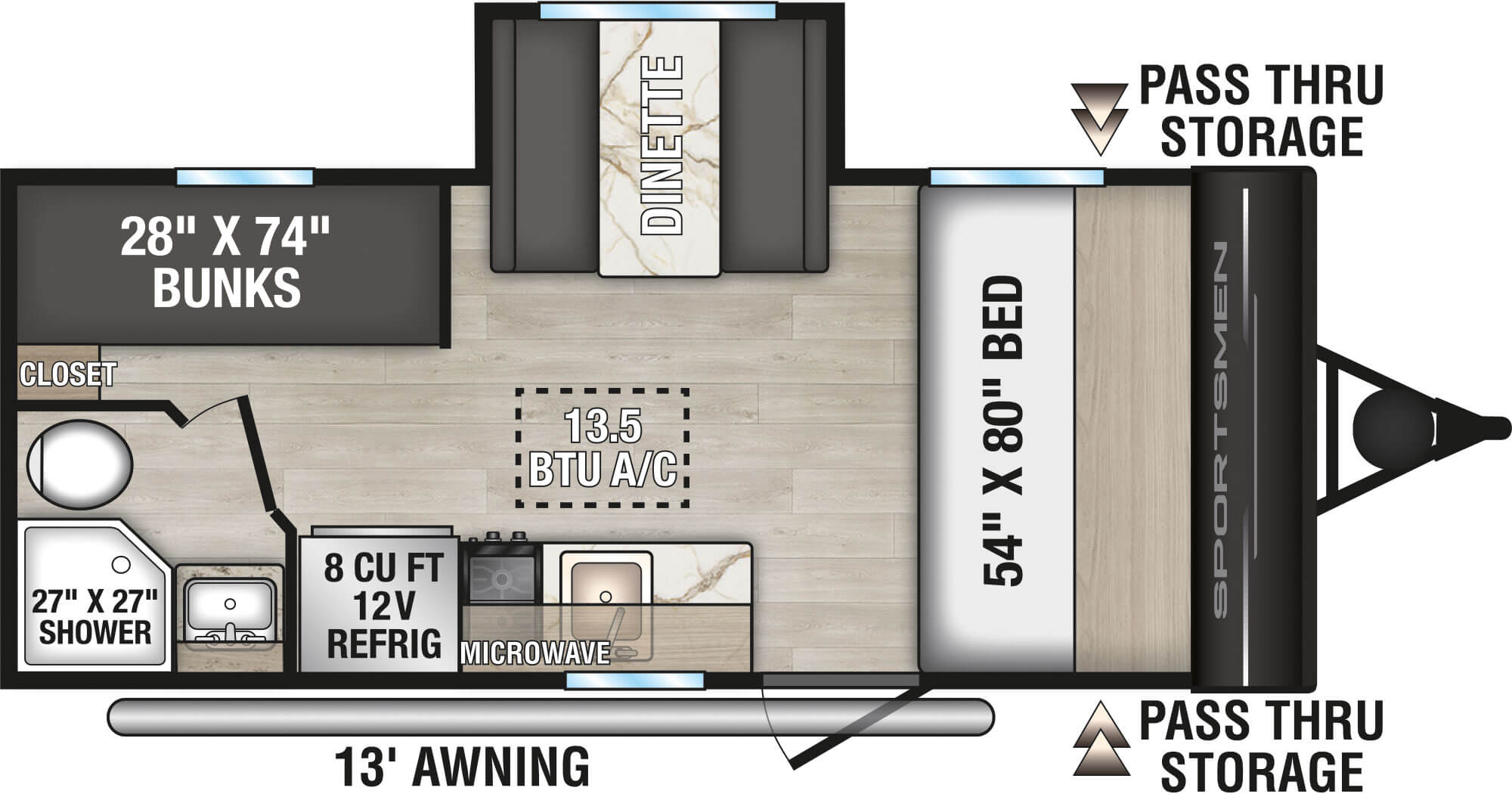 Floorplan diagram for 2027 KZ Sportsmen Classic 181BH