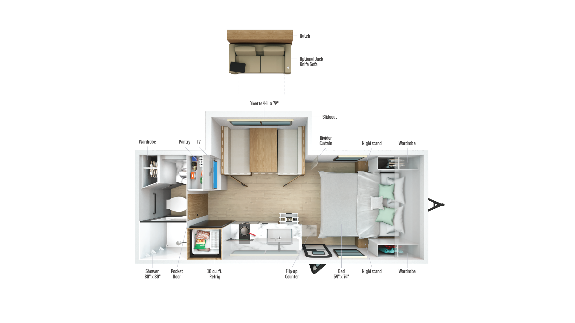 Floorplan diagram for 2026 Winnebago Micro Minnie 2108fbs