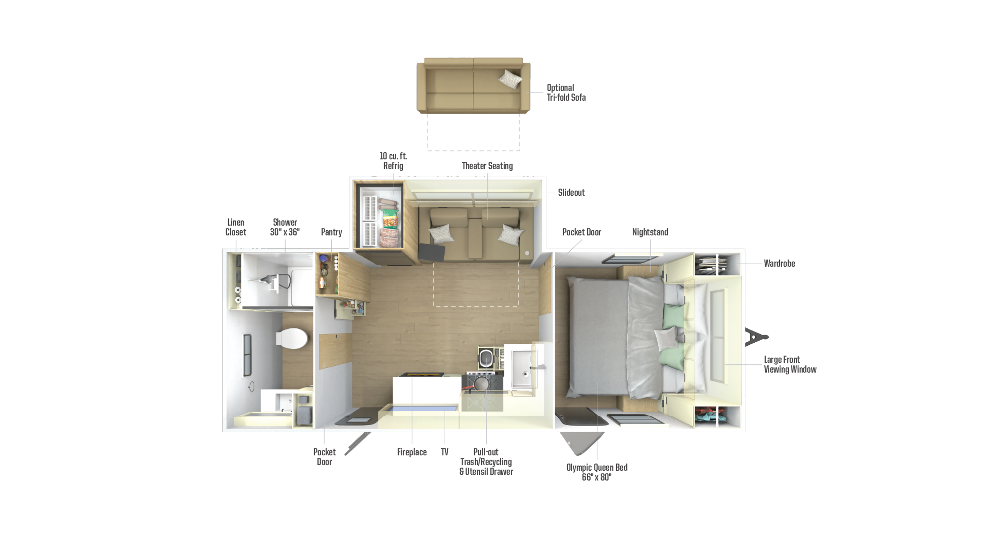 Floorplan diagram for 2026 Winnebago Thrive 22rbs