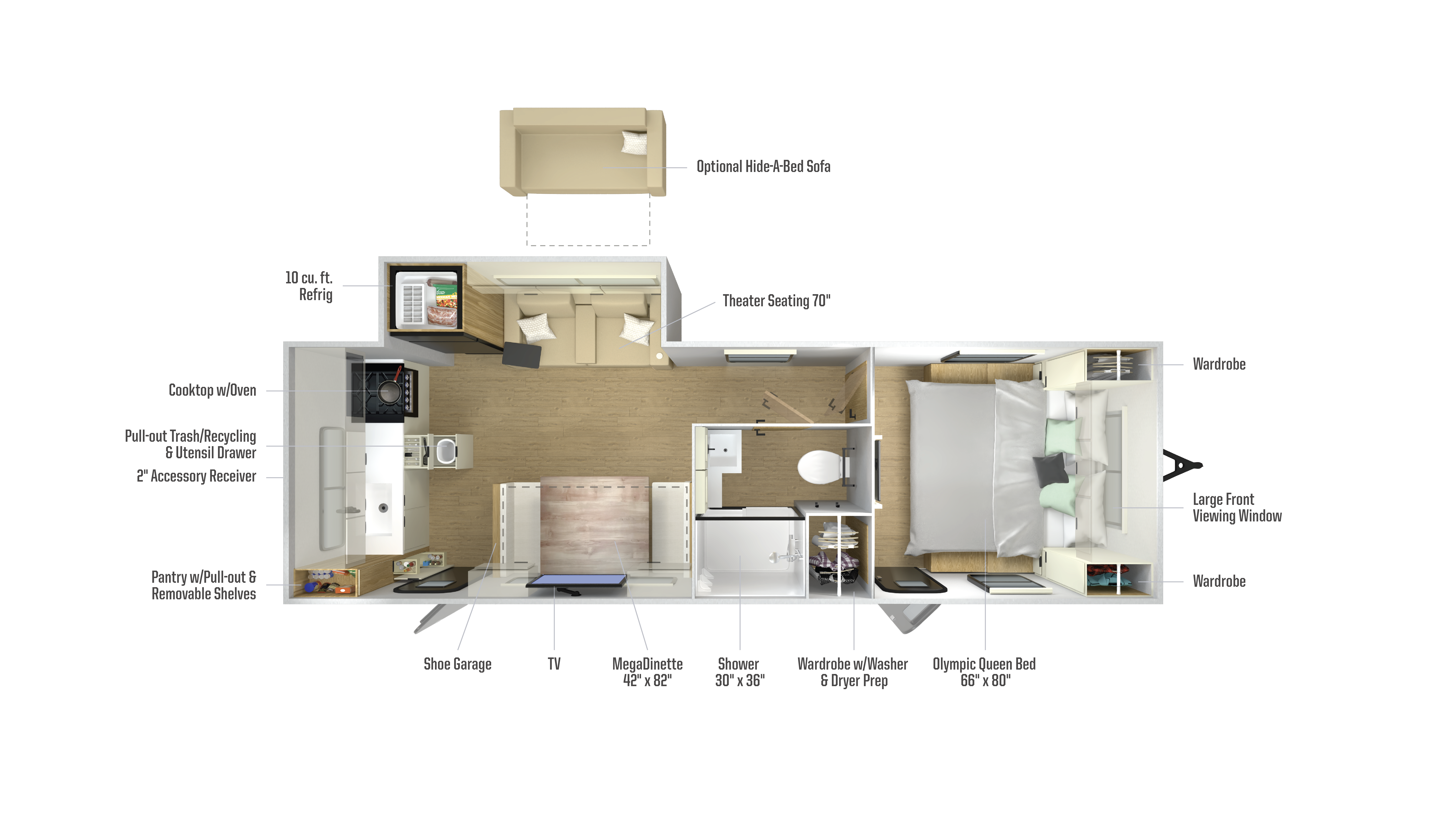 Floorplan diagram for 2026 Winnebago Thrive 24RKS