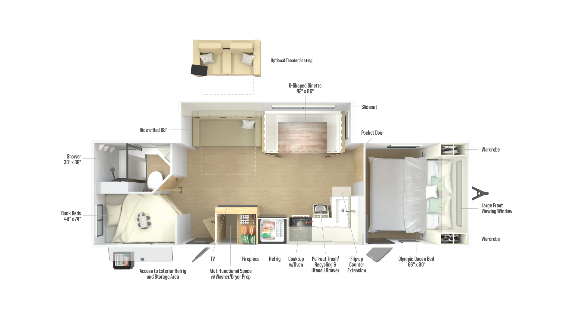 Floorplan diagram for 2026 Winnebago Thrive 28bhs